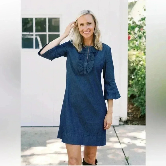 DraperJames Chambray Ruffle Shift Dress Sz 8 - Picture 4 of 14